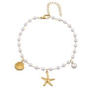 Karma NH11249677 Bracelet de cheville avec perles en forme d'étoile de mer et coquillage, doré et blanc, 21 cm, moderne, filigrane et perles synthétiques, bijou de cheville pour vacances, plage