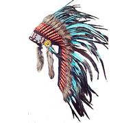 KARMABCN Coiffe de plumes naturelles rose de coiffe indienne, avec fourrure brun (TURQUOISE AND BLACK ROOSTER)