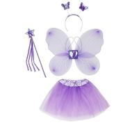 KarneLux Enfants Costume de Fée Set 4 Pcs pour fille - Papillon, déguisement de princesse avec tutu, ailes, baguette magique et serre-tête pour le carnaval - âge 3-8 ans
