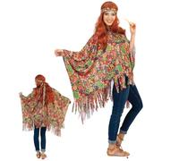 KarnevalsTeufel Poncho de style hippie pour femme 1 pièce - Cape Flower Power avec franges et bandeau - Déguisement des années 70 pour carnaval, fête à thème