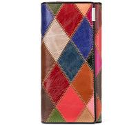 Karoukee Femmes Pliant Long Portefeuille en Cuir Véritable, Sac à Main d'embrayage Patchwork Colorée Unique pour Téléphone, Grande Capacité Porte-Cartes de Crédit Kiss Lock Porte-Monnaie
