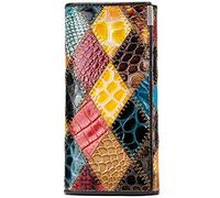 Karoukee Femmes Pliant Long Portefeuille en Cuir Véritable, Sac à Main d'embrayage Patchwork Colorée Unique pour Téléphone, Grande Capacité Porte-Cartes de Crédit Kiss Lock Porte-Monnaie