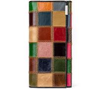 Karoukee Femmes Pliant Long Portefeuille en Cuir Véritable, Sac à Main d'embrayage Patchwork Colorée Unique pour Téléphone, Grande Capacité Porte-Cartes de Crédit Kiss Lock Porte-Monnaie