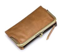 Karoukee Grand Portefeuille à 2 Volets pour Femme, Porte-Monnaie Femme en Cuir Ciré à l'huile, Porte-Carte de Crédit Blocage RFID avec Poche Kiss-Lock et 12 Fentes pour Cartes