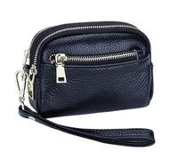 Karoukee Karouee Porte-Monnaie Femme en Cuir Véritable Classique - Petite Bourse à 3 Compartiments Séparés pour Femme - Portefeuille Élégant avec Dragonne Détachable(Noir)