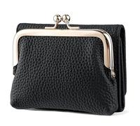 Karoukee Karouee Portefeuille Trifold en Cuir Véritable pour Femme - Porte-Cartes de Crédit Compact Anti-RFID avec 8 Fentes - Petit Portemonnaie à Fermeture Kiss-Lock(Noir)