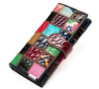Karoukee Patchwork Fait à la Main Grand Triple Portefeuille pour Femme Coloré Porte-Cartes di Crédit Cuir Véritable Sac à Main d'embrayage pour Téléphone avec Fenêtres ID et Poche à Fermeture Éclair