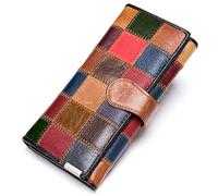 Karoukee Patchwork Fait à la Main Grand Triple Portefeuille pour Femme Coloré Porte-Cartes di Crédit Cuir Véritable Sac à Main d'embrayage pour Téléphone avec Fenêtres ID et Poche à Fermeture Éclair