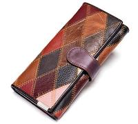 Karoukee Patchwork Fait à la Main Grand Triple Portefeuille pour Femme Coloré Porte-Cartes di Crédit Cuir Véritable Sac à Main d'embrayage pour Téléphone avec Fenêtres ID et Poche à Fermeture Éclair