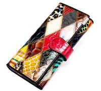Karoukee Patchwork Fait à la Main Grand Triple Portefeuille pour Femme Coloré Porte-Cartes di Crédit Cuir Véritable Sac à Main d'embrayage pour Téléphone avec Fenêtres ID et Poche à Fermeture Éclair