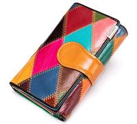 Karoukee Petit Portefeuille pour Femme en Cuir Véritable avec Patchwork Coloré Design, Unique Porte-Cartes de Crédit Multicolore Portemonnaie Fait Main avec Fenêtre ID et Poche à Fermeture Éclair
