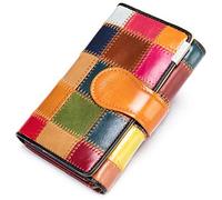 Karoukee Petit Portefeuille pour Femme en Cuir Véritable avec Patchwork Coloré Design, Unique Porte-Cartes de Crédit Multicolore Portemonnaie Fait Main avec Fenêtre ID et Poche à Fermeture Éclair