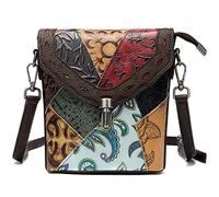 Karoukee Petit Sac à Bandoulière Femme pour Téléphone Portable, Sac Porté Travers Vintage en Cuir Véritable, Sac à Main Fleur en Relief, Mini Pochette avec Sangle Réglable