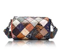 Karoukee Petit Sac à Bandoulière Femmes Patchwork, Sacs Portés Épaule Rétro en Cuir Gaufré, Sac à Main pour Dames, Pochette Téléphone Portable, Mode Sac Baril avec Large Sangle Réglable