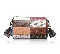 Karoukee Petit Sac à Bandoulière Femmes Patchwork, Sacs Portés Épaule Rétro en Cuir Gaufré, Sac à Main pour Dames, Pochette Téléphone Portable, Mode Sac Baril avec Large Sangle Réglable