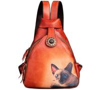 Karoukee Petit Sac à Dos pour Femme, Vintage Sacs à Dos en Cuir Véritable, Casual Backpack, Sac à Dos Mode avec Motif de Chat Peint Mignon