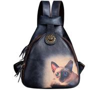 Karoukee Petit Sac à Dos pour Femme, Vintage Sacs à Dos en Cuir Véritable, Casual Backpack, Sac à Dos Mode avec Motif de Chat Peint Mignon
