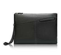 Karoukee Pochette de Luxe pour Hommes en Cuir Vachette Haute Qualité, Grande D'affaires Formelle avec Dragonne, Sac Étui à Main Téléphones Portables et Tablettes Jusqu'à 9,7 Pouces, Noir