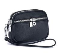 Karoukee Portefeuille en Cuir Véritable pour Femme avec Dragonne Amovible, Petit Portemonnaie à 3 Compartiments Séparés, Élégant Bourse en Peau de Vache(Noir)