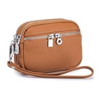 Karoukee Portefeuille en Cuir Véritable pour Femme avec Dragonne Amovible, Petit Portemonnaie à 3 Compartiments Séparés, Élégant Bourse en Peau de Vache(Marron)