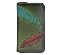 Karoukee Portefeuille en Cuir Véritable pour Femme avec Motif Plumes en Relief, Porte-Cartes de Crédit Blocage RFID avec Fermeture à Glissière, Grand Porte-Monnaie pour Femme