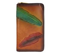 Karoukee Portefeuille en Cuir Véritable pour Femme avec Motif Plumes en Relief, Porte-Cartes de Crédit Blocage RFID avec Fermeture à Glissière, Grand Porte-Monnaie pour Femme