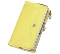 Karoukee Portefeuille Femme Anti-RFID - Pochettes en Cuir de Chèvre avec Fermoir Bisou, Poche Téléphone (6,3"), 8 Fentes Cartes & Poche Zippée - Voyage Porte-Monnaie - Jaune Citron