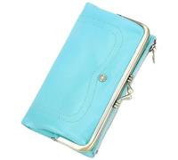 Karoukee Portefeuille Femme Anti-RFID - Pochettes en Cuir de Chèvre avec Fermoir Bisou, Poche Téléphone (6,3"), 8 Fentes Cartes & Poche Zippée - Voyage Porte-Monnaie - Bleu Ciel