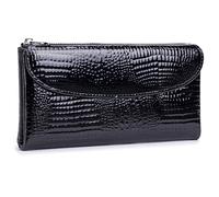 Karoukee Portefeuille Femme en Cuir Véritable avec Motif Crocodile, Porte-Cartes Antivol RFID, Pochette Élégante avec 10 Fentes pour Carte, Fenêtre d'Identité/Photo et Poche Zippée - Noir