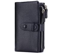 Karoukee Portefeuille Femme en Cuir Véritable, Porte-Monnaie Multifonction Grande Capacité avec 2 Poches Zippées, 18 Fentes pour Carte, Fenêtre d'Identité et Porte-Cartes Amovible - Noir