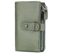 Karoukee Portefeuille Femme en Cuir Véritable, Porte-Monnaie Multifonction Grande Capacité avec 2 Poches Zippées, 18 Fentes pour Carte, Fenêtre d'Identité et Porte-Cartes Amovible - Vert