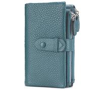 Karoukee Portefeuille Femme en Cuir Véritable, Porte-Monnaie Multifonction Grande Capacité avec 2 Poches Zippées, 18 Fentes pour Carte, Fenêtre d'Identité et Porte-Cartes Amovible - Bleu