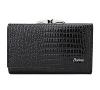 Karoukee Portefeuille Femme en Cuir Verni - Petit Porte-Cartes Anti-RFID avec 8 Fentes, Fenêtre d'Identité et Poche à Fermeture Kiss-Lock - Porte-Monnaie avec Texture Croco - Rouge Brillant - Noir