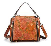 Karoukee Sac à Bandoulière Vintage pour Femme, Sac à Épaule en Cuir de Vache avec Motif Fleuri en Gaufrage, Sac à Main de Créateur, Besace Élégant à 2 Sangles dans Différents Styles