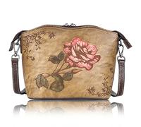 Karoukee Sac à Bandoulière Vintage pour Femme, Sac à Main Elégant avec Motif Rose Gaufré, Sac Porté Epaule en Cuir Véritable, Besace Sacoche à la Mode pour Femme avec Sangle Ajustable