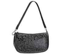 Karoukee Sac à Bandoulière Vintage pour Femme - Sacs Hobo en Cuir de Vache Véritable, Sac Portés Épaule avec Motif Fleur Embossé, 2 Bandoulières Amovibles (Cuir & Tressé) - Noir