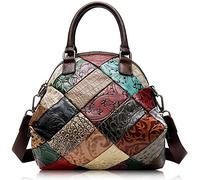 Karoukee Sac à Main Patchwork Coloré pour Femme, Sac à Bandoulière en Cuir Véritable avec Gaufrage de Fleurs, Sacs Portés Épaule Mode, Sacoche Vintage Femme, Sac Fourre Tout à Poignée Supérieure