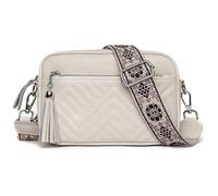 Karoukee Sac Bandoulière Femme en Cuir Véritable, Petit Sacoche Matelassé Diamant avec 3 Poches Séparées, Sac Portés Épaule avec Large Bandoulière Épaule à Motif Floral Amovible - Crème