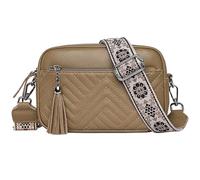 Karoukee Sac Bandoulière Femme en Cuir Véritable, Petit Sacoche Matelassé Diamant avec 3 Poches Séparées, Sac Portés Épaule avec Large Bandoulière Épaule à Motif Floral Amovible - Kaki