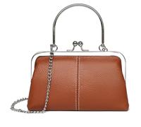 Karoukee Sac Bandoulière Mini en Cuir Véritable pour Femme, Pochette Vintage à Fermoir Pressoir, Petit Clutch Rétro avec Chaîne Amovible, Sacoche Compacte pour Téléphone - Marron
