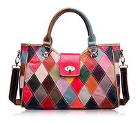 Karoukee Sac Fourre-tout Femmes avec Design Patchwork Coloré, Sac à Main en Cuir Véritable Élégant, Grande Sac à Bandoulière pour Dame, Sacs Cabas Mode avec Sangle Réglable