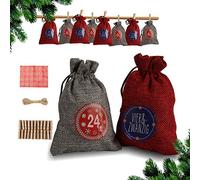 karpal 24 Calendrier de l'Avent à remplir Sacs en tissu Noël Sacs cadeaux avec autocollants Mini-pinces en bois Cordes de chanvre Calendrier de Noël Sacs cadeaux 14 x 10 cm£šRouge/Gris£©