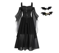 KARPIX Costume d'Halloween gothique pour femme - Robe maxi à lacets - Ligne A avec manches papillon - Costume d'Halloween pour femme - Robe de sorcière vintage noir - Cosplay Club Party Costumes