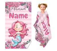 KARPIX Serviette de plage personnalisée avec nom, en microfibre, motif sirène, drap de plage, serviette de plage pour enfants (60 x 120 cm)