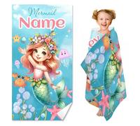 KARPIX Serviette de plage personnalisée avec nom, serviette de bain anime sirène drap de plage, serviette de bain sirène individuelle, pour enfants, filles (60 x 120 cm)