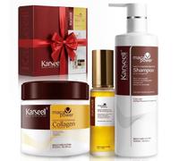 Karseell MACA CARE SYSTEM Coffret Réparation Cheveux Masque Collagène 500ml + Huile d'Argan 50ml + Shampoing 500ml Soin Professionnel Hydratant Cheveux Secs Abîmés Anti-Frisottis Éclat Miroir