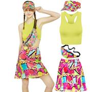 kasahara Costume des années 80 et 90 pour femme - Survêtement rétro - Tenue de sport - Jupe crop top - Sac banane - Chapeau pare-soleil - Costume de carnaval, Curcuma, L