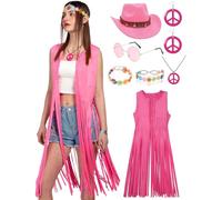 kasahara Costume Hippie Femme 7 Pièces avec Veste à Franges, Chapeau Cowboy, Lunettes, Collier, Boucles d’oreilles - Déguisement 70s Flower Power pour Carnaval, Halloween, Soirée à Thème (Pink, M)
