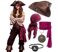 kasahara Ensemble Accessoires Pirate avec Chapeau, Bandana, Ceinture, Cache-œil et Collier - Déguisement Pirate Médiéval pour Halloween, Carnaval, Festival et Soirée à Thème (Brun A)