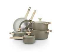 KASANOVA Batterie de Cuisine Mrs Wood Antiadhésive en Aluminium, Compatible avec Tous les Types de Feux, Couvercles en Verre, Cuisson Rapide et Homogène (vert et crème, 10)